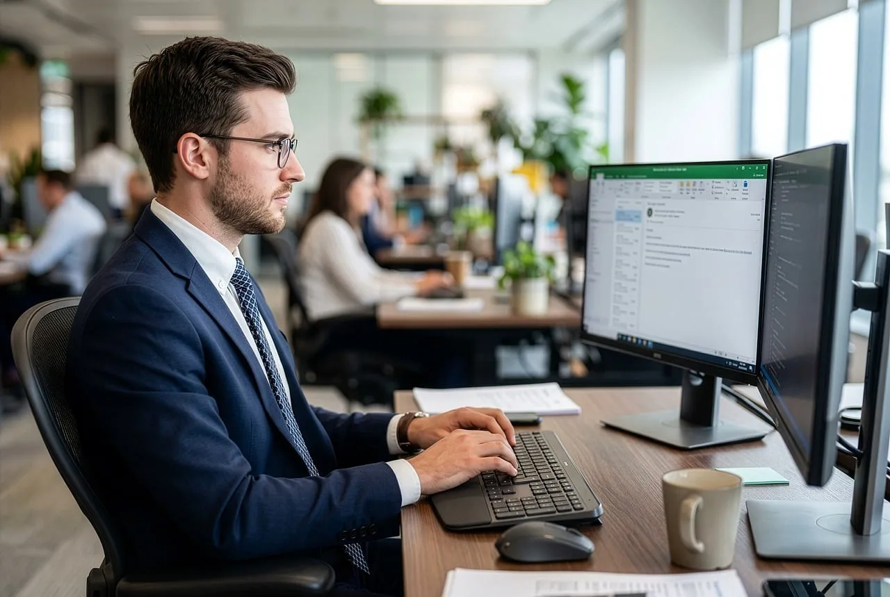 man, office, computer, work, business, working, company, career, suit, young, corporate, professional, marketing, office worker, desk, computer screen, multitasking, time management, focus, meeting room. Email copywriting trends: claims, offers and proof to track
