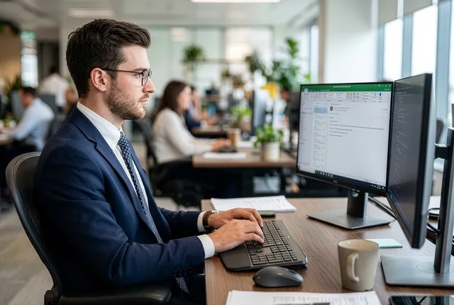 man, office, computer, work, business, working, company, career, suit, young, corporate, professional, marketing, office worker, desk, computer screen, multitasking, time management, focus, meeting room. Email copywriting trends: claims, offers and proof to track