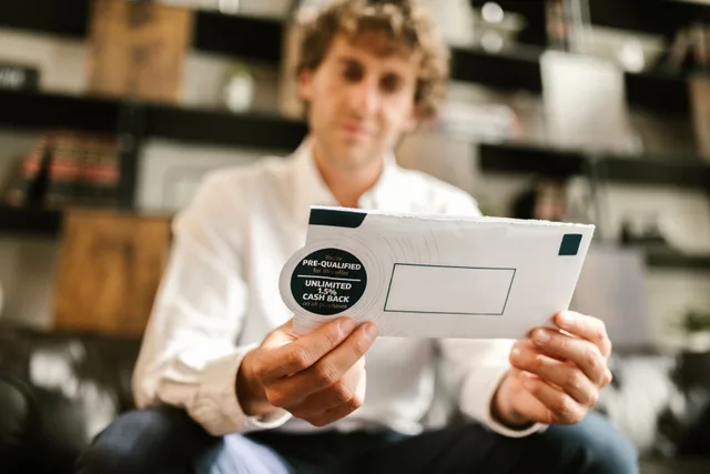 A man sitting indoors, reading an envelope with a cash back offer, blurred background. Common email design mistakes that quietly tank click-through rates