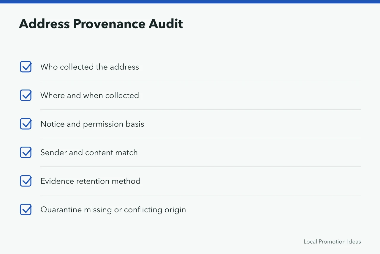 Checklist of address provenance fields to record for every email source (How to Improve Small Business Email Marketing: What to Know First)